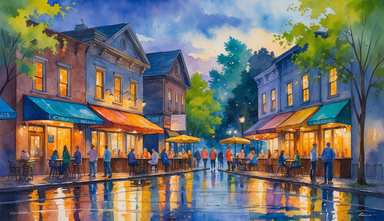 A street scene in Corvallis showing several bars with people gathered outside under evening light.