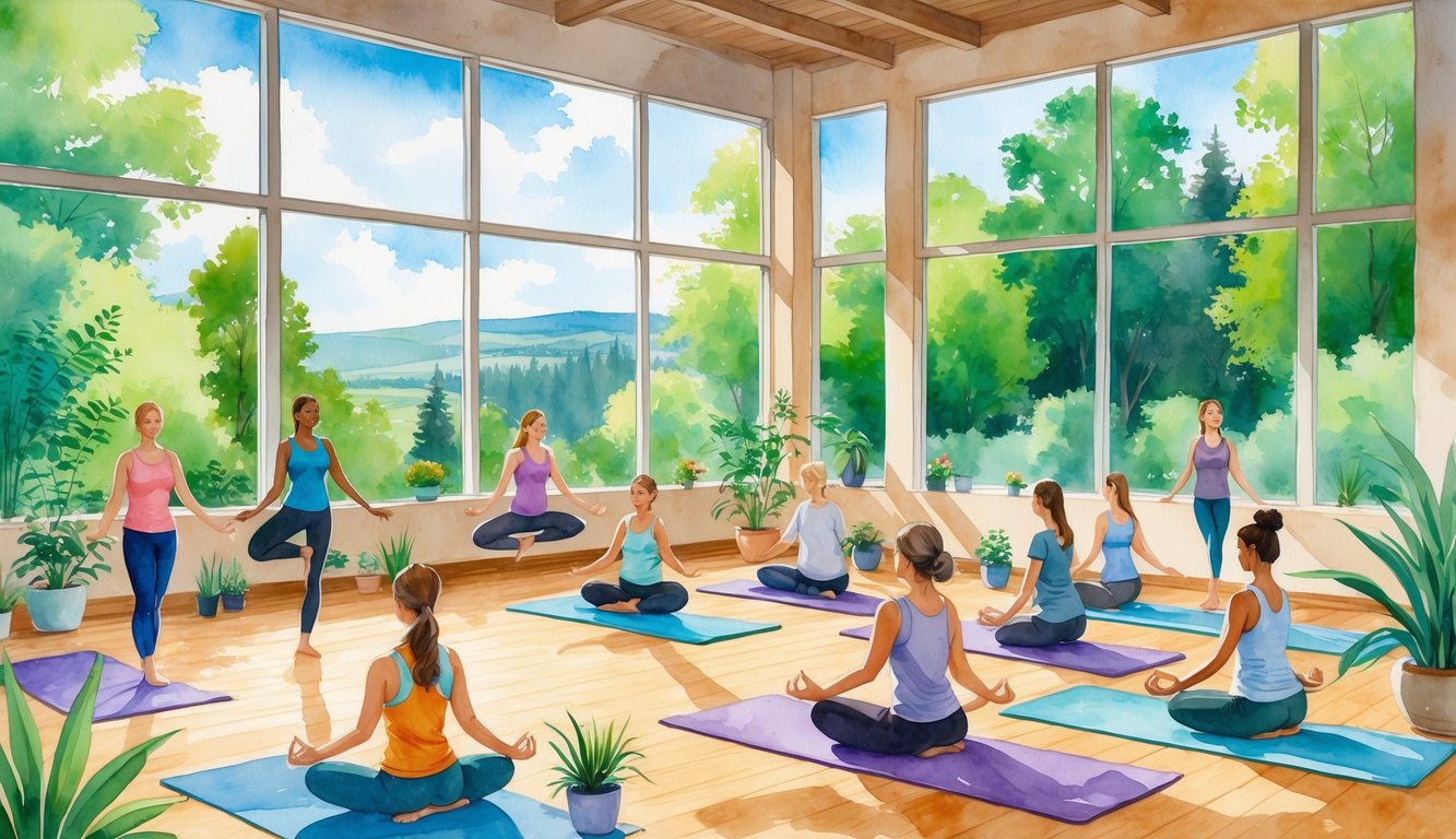 People practicing yoga poses inside a bright studio with large windows showing green trees and hills outside.