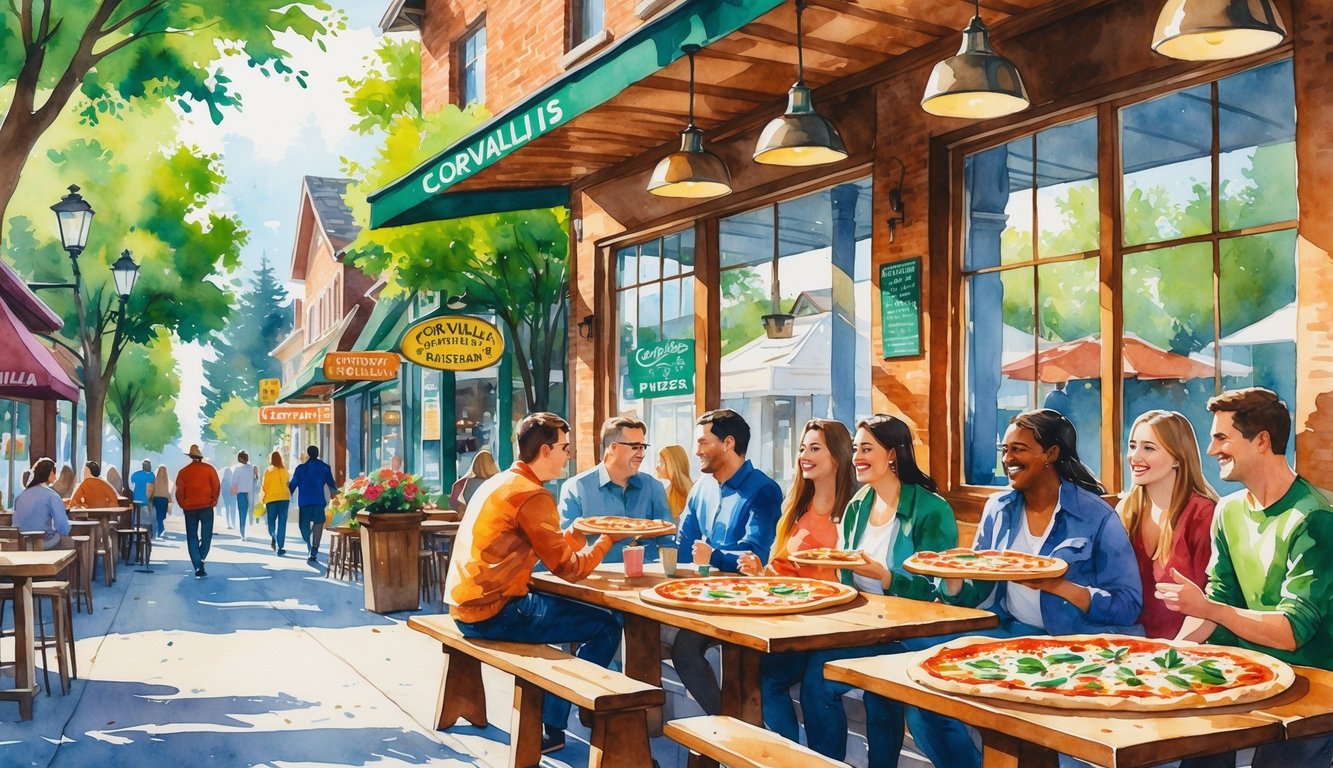 A lively pizza restaurant with people enjoying pizzas inside, set on a tree-lined street in a small town with greenery and hills in the background.