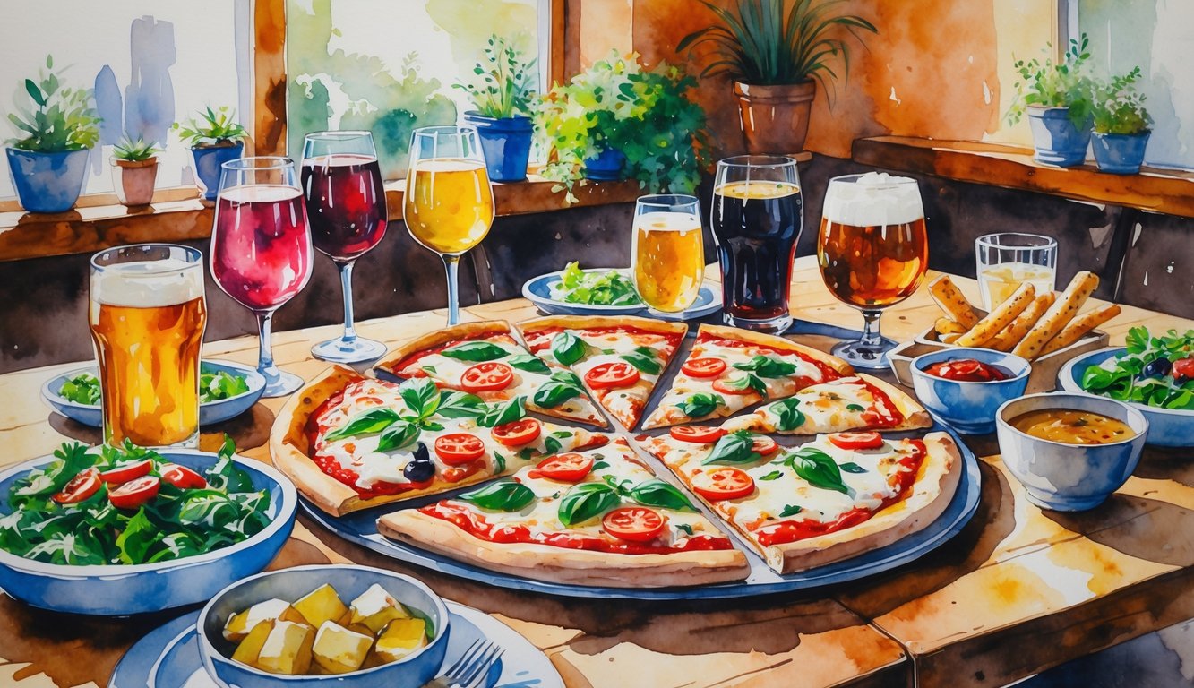 A table with pizzas, various drinks, and side dishes inside a cozy pizza restaurant.