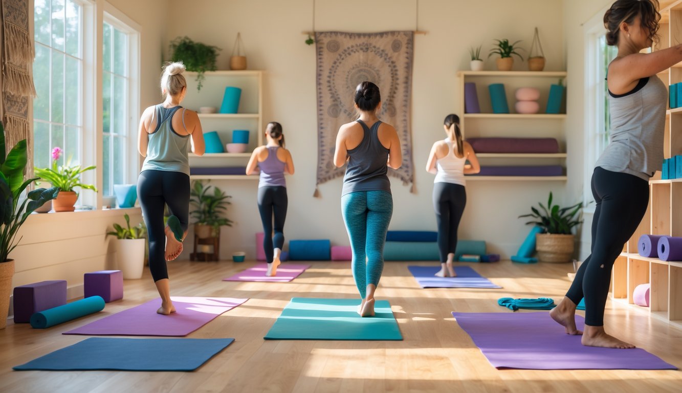 A bright yoga studio with people practicing yoga on mats, surrounded by plants and calm decorations.