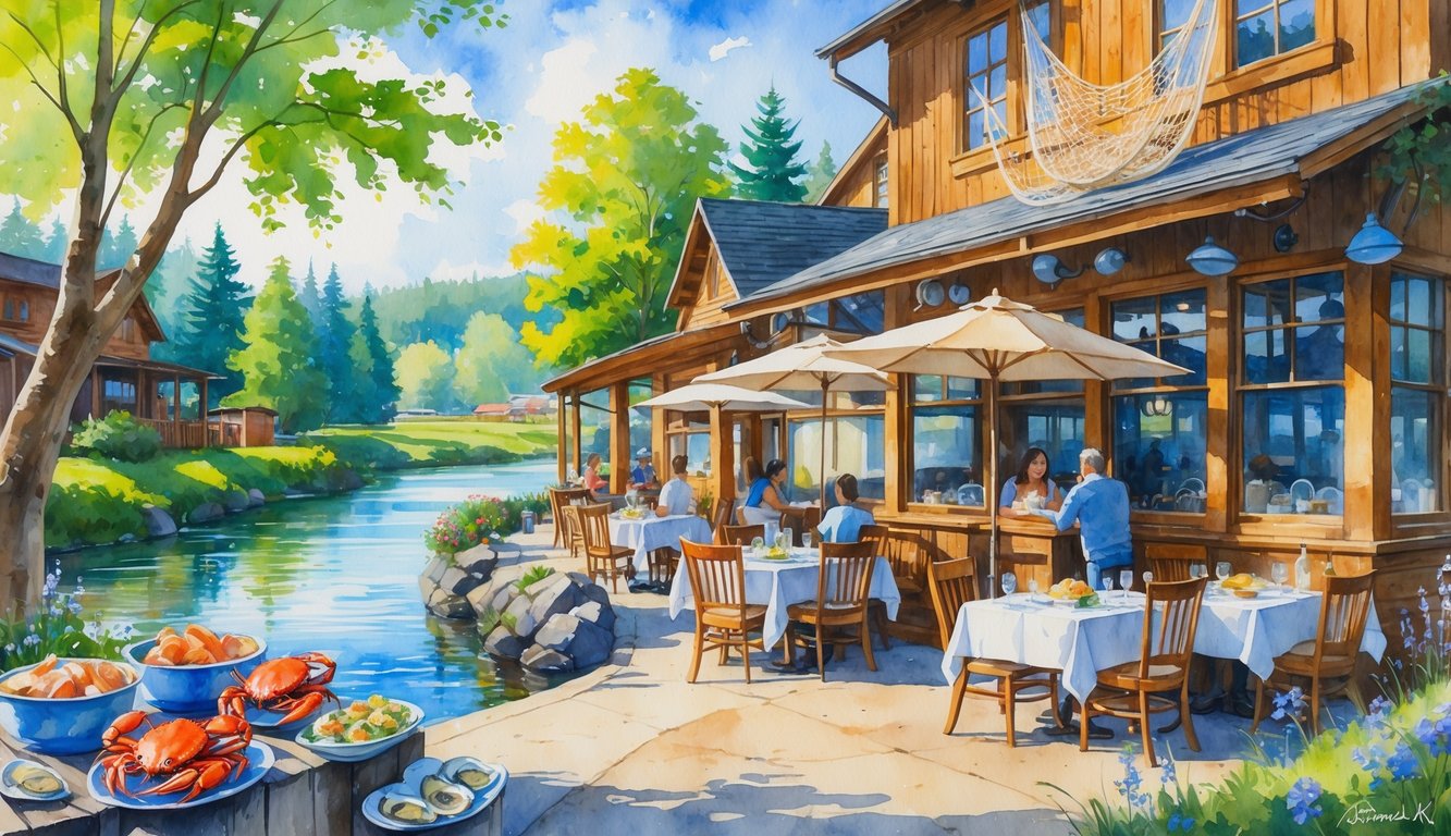 Outdoor seafood restaurant by a river with people dining at wooden tables surrounded by trees and flowers.