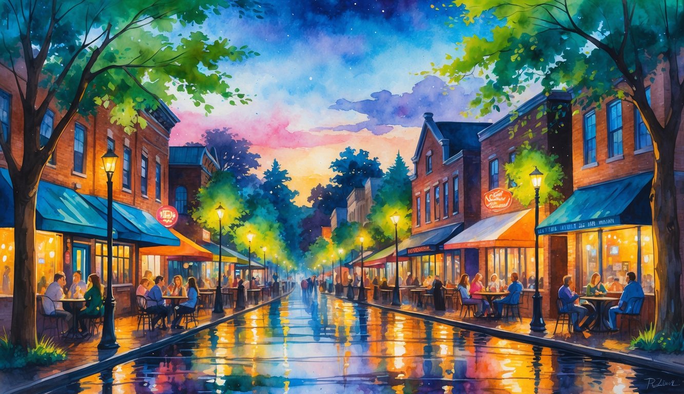 Evening street scene in Corvallis with people gathered outside bars, warm lights glowing from buildings, and trees lining the sidewalk.