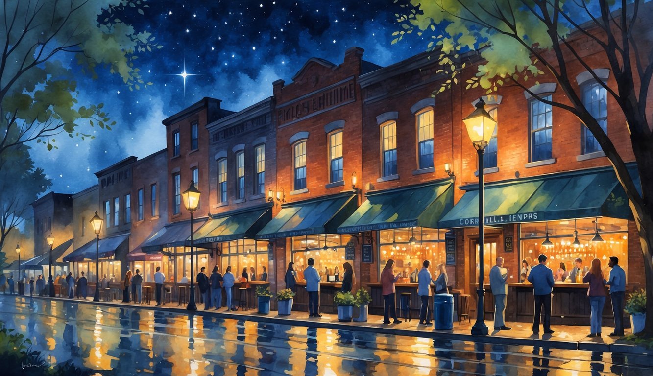 A nighttime street scene in Corvallis with people socializing outside bars under street lamps and a starry sky.