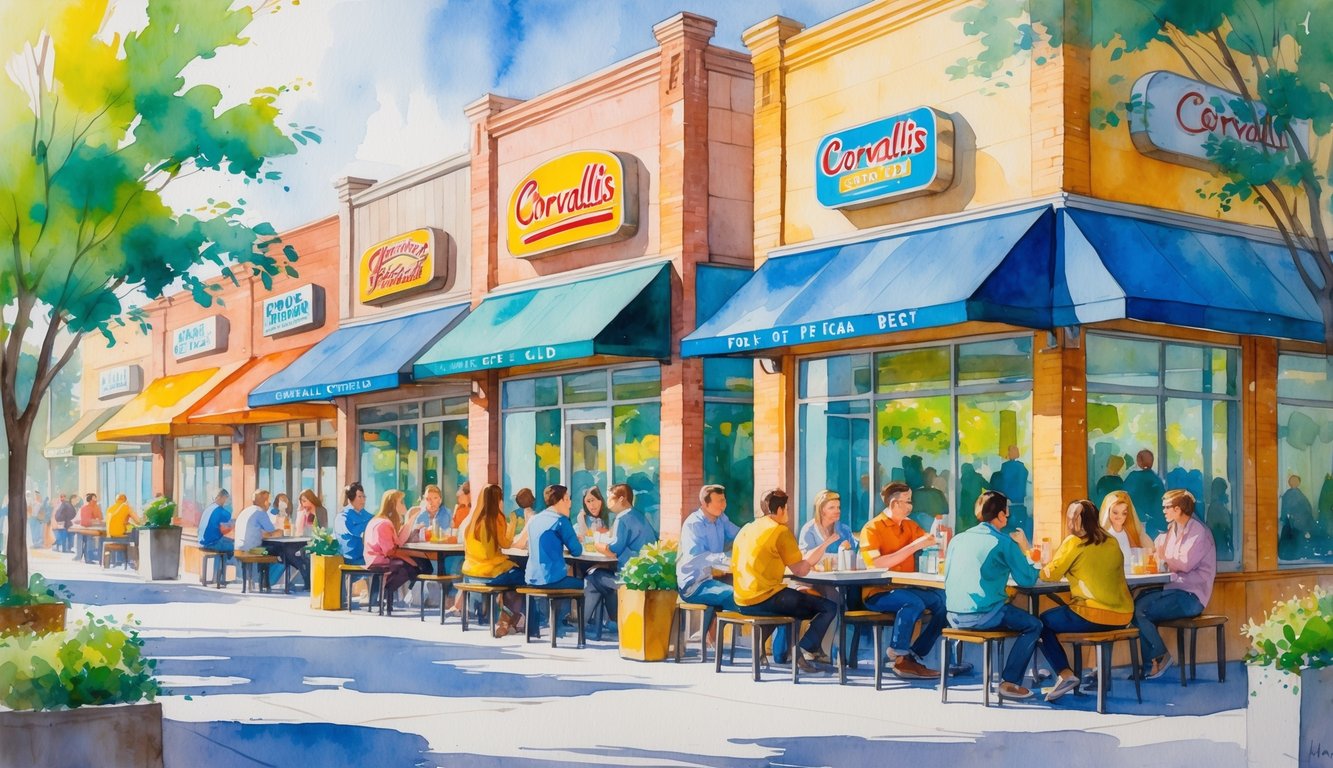 A street scene in Corvallis showing several fast food restaurants with outdoor seating and people enjoying meals surrounded by trees and plants.