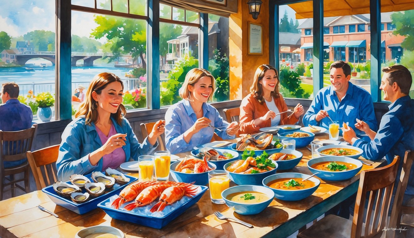 People enjoying fresh seafood dishes at a cozy restaurant with a view of a river and greenery outside.