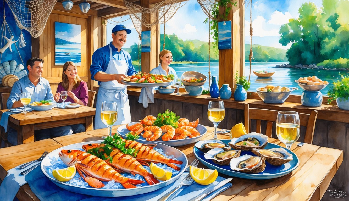 A cozy seafood restaurant with diners enjoying fresh seafood dishes at a wooden table, a chef serving food, and a view of a river with greenery outside.