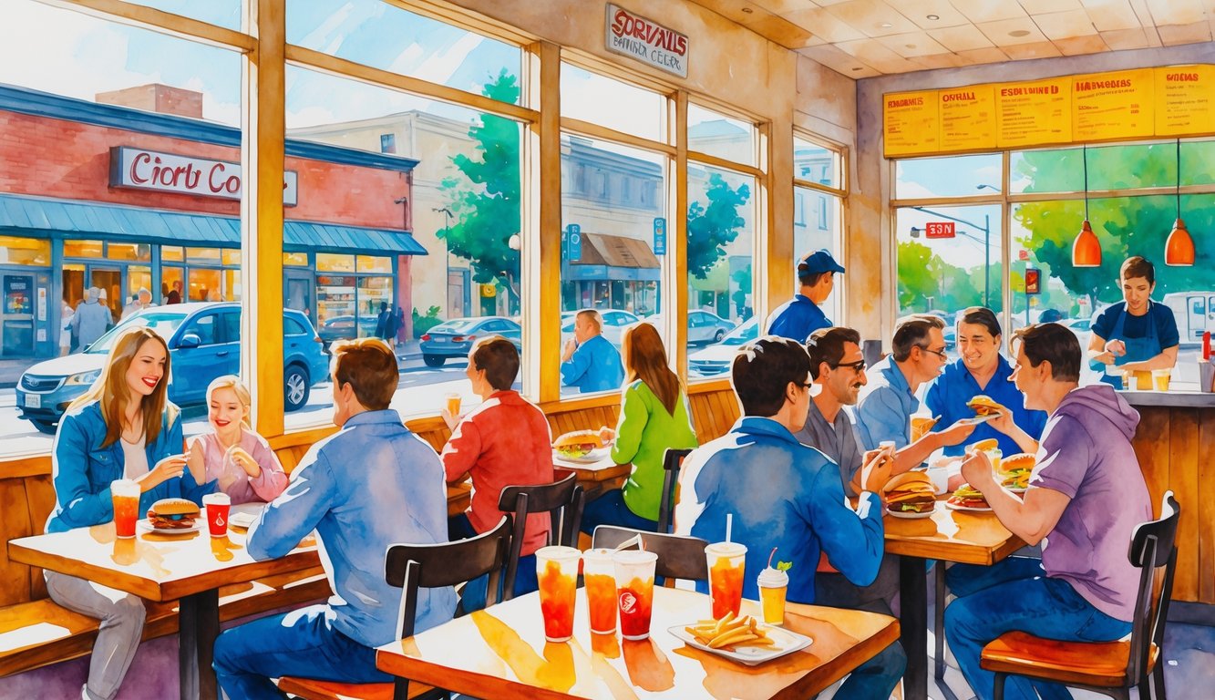 People enjoying meals at tables inside a busy fast food restaurant with windows showing a sunny street outside.