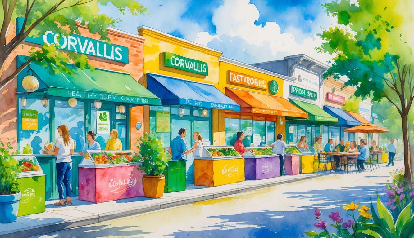 A lively street scene with healthy fast food restaurants, outdoor seating, and people enjoying nutritious meals surrounded by trees and flowers.