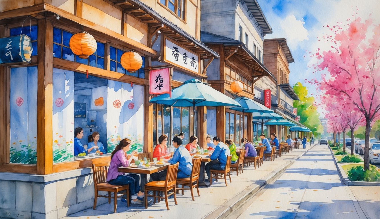 A street in Corvallis with sushi restaurants, outdoor diners, cherry blossom trees, and downtown buildings in the background.
