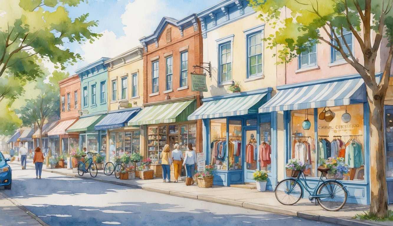 A street in Corvallis with small thrift shops, people browsing outside, bicycles parked nearby, and trees lining the sidewalk.