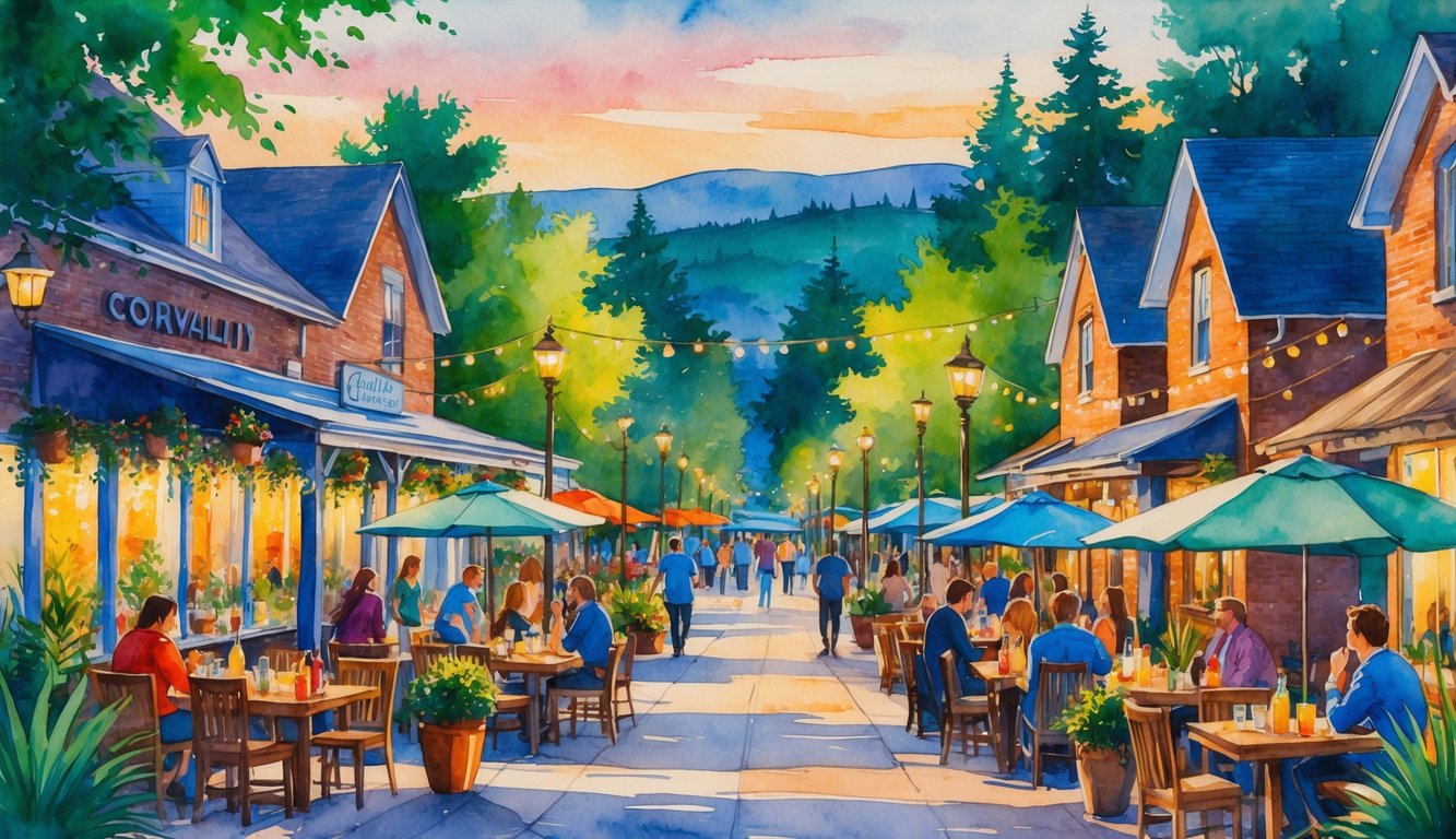 A lively street scene with outdoor patios, people enjoying drinks, brick buildings, trees, and distant hills under a soft evening sky.