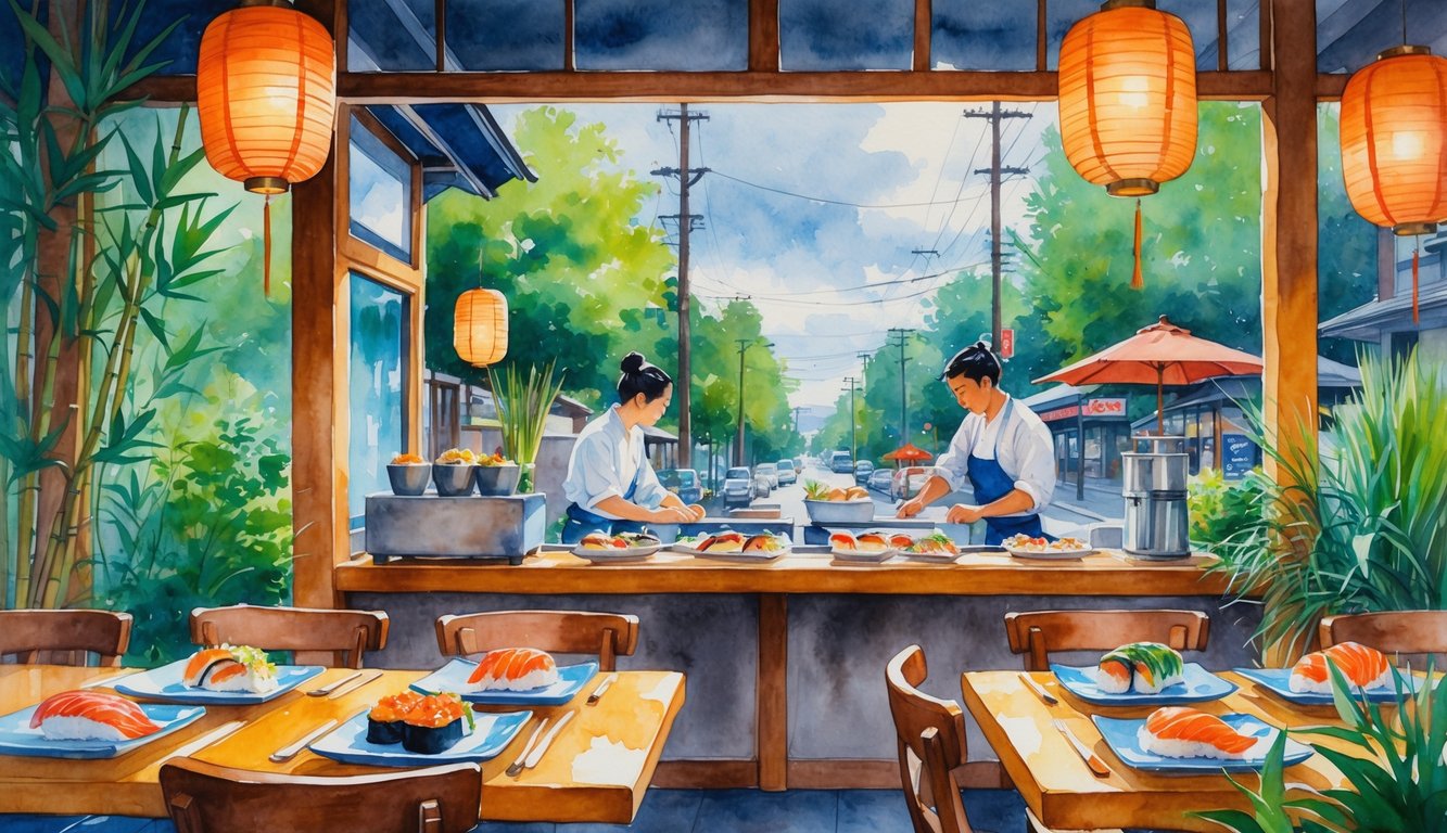 Interior of a cozy sushi restaurant with a chef preparing sushi, wooden tables, and a view of a street with greenery outside.