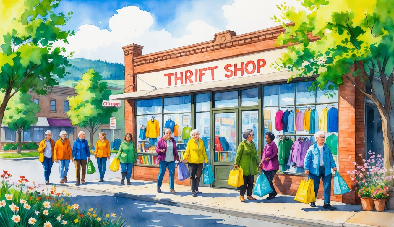 A lively scene of people shopping outside a thrift store in a town with trees and hills in the background.