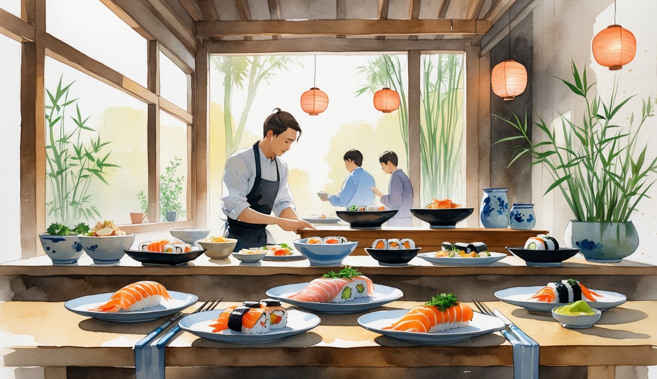 A cozy sushi restaurant interior with a chef preparing sushi at a wooden bar and colorful sushi dishes on the table, with a few people dining in the background.