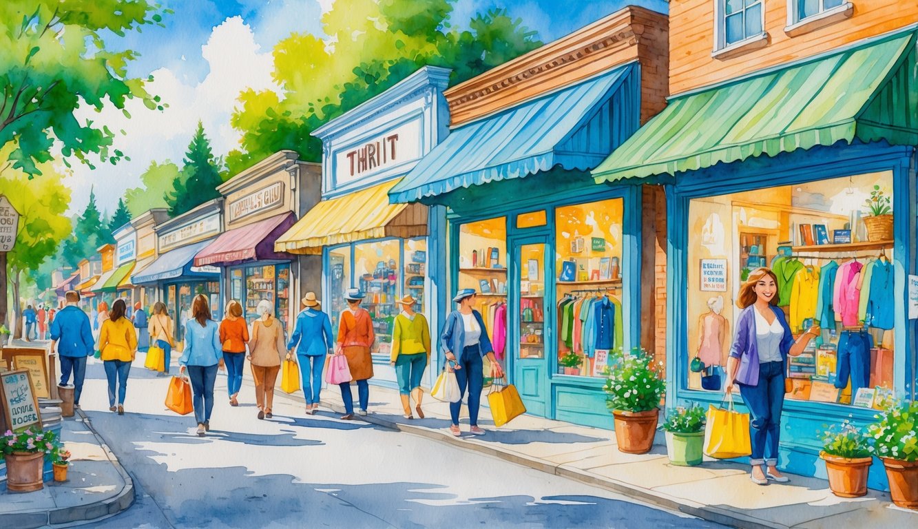 People browsing and shopping outside colorful thrift shops on a sunny street with trees in Corvallis.
