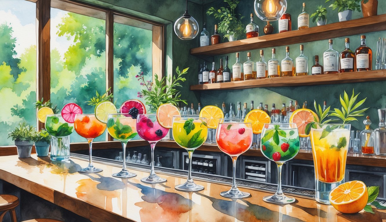 A cozy restaurant bar with colorful cocktails made from fresh local ingredients and greenery visible through large windows.