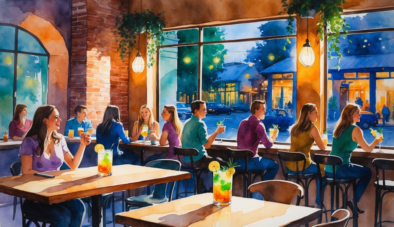 Interior of a cozy cocktail restaurant with people enjoying drinks and conversations, warm lighting, wooden tables, and large windows showing a street view at twilight.