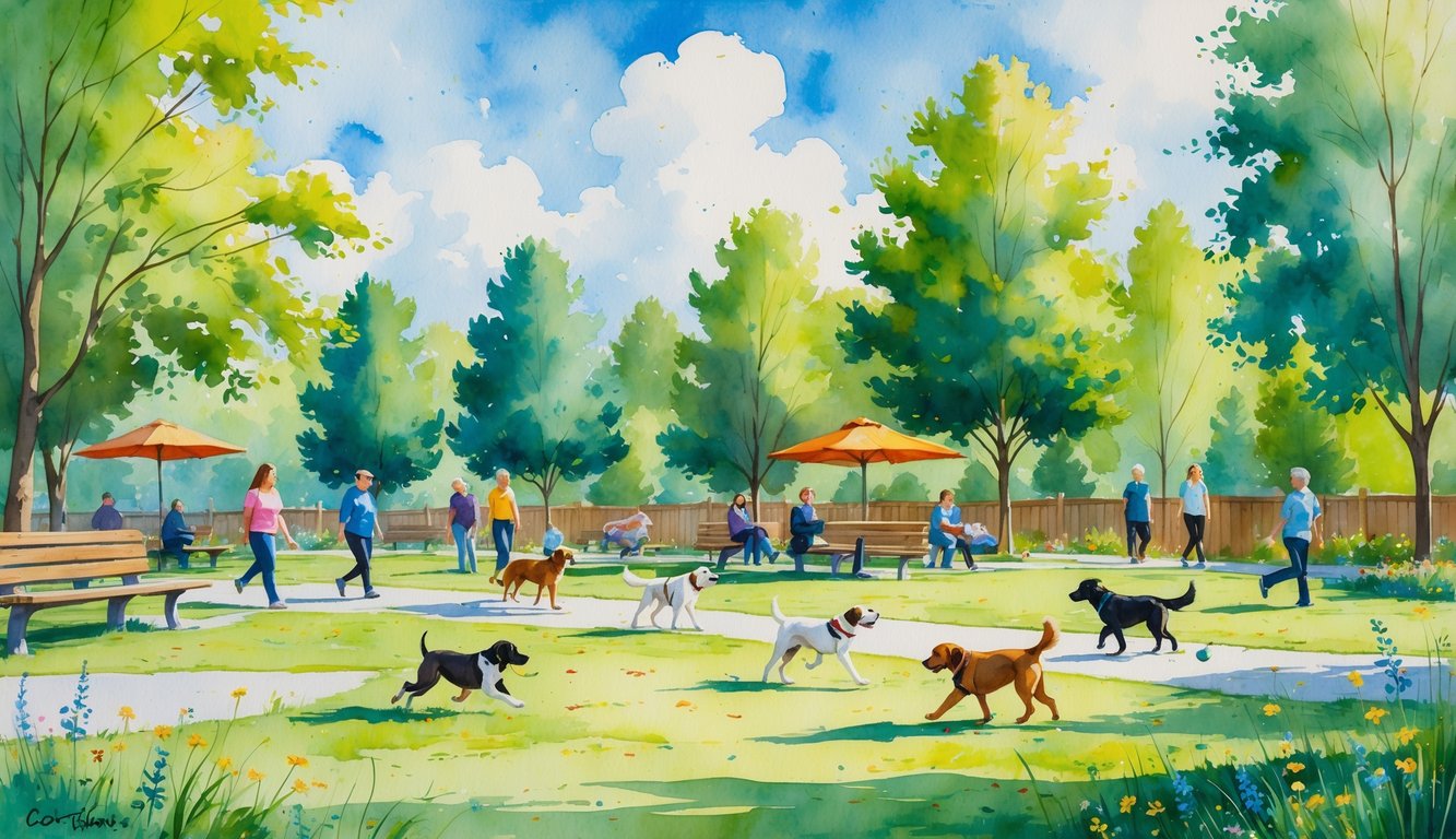 A dog park with several dogs playing on grass and people watching nearby under trees on a sunny day.