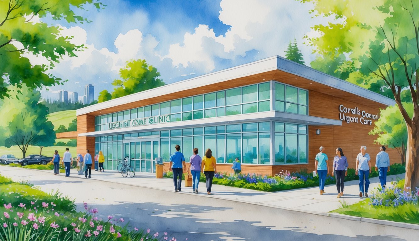 A modern urgent care clinic building surrounded by trees and people arriving and leaving on a sunny day.