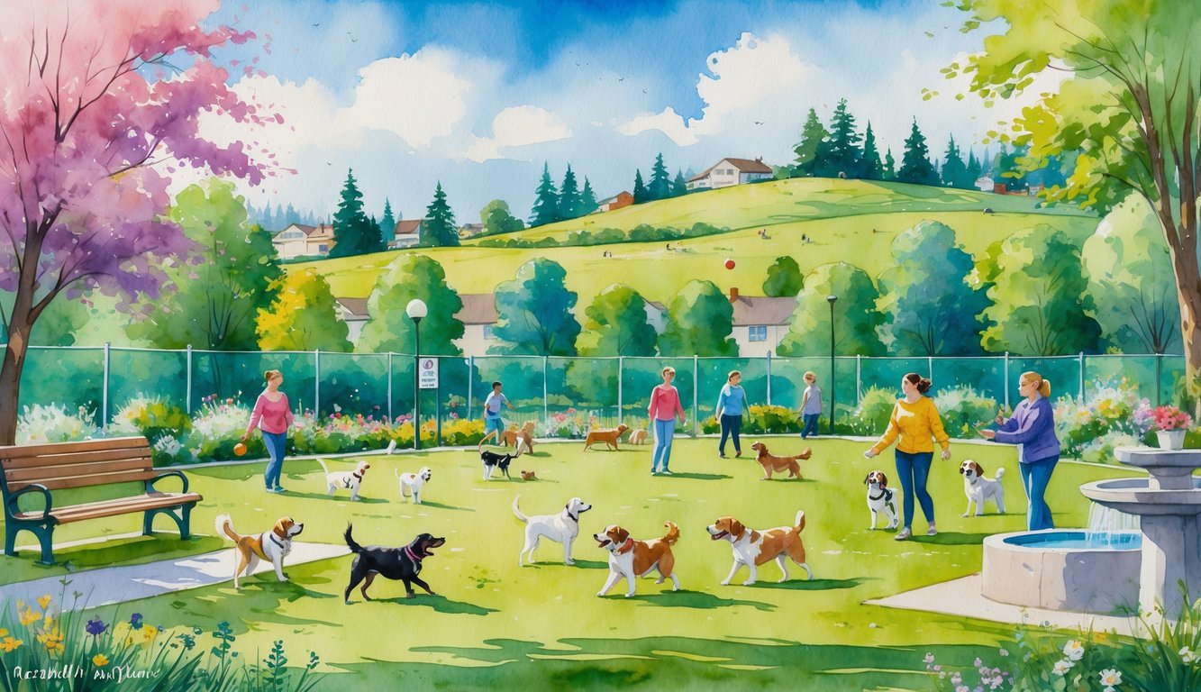 A lively dog park with dogs playing and people interacting in a green, fenced area with trees and benches on a sunny day.