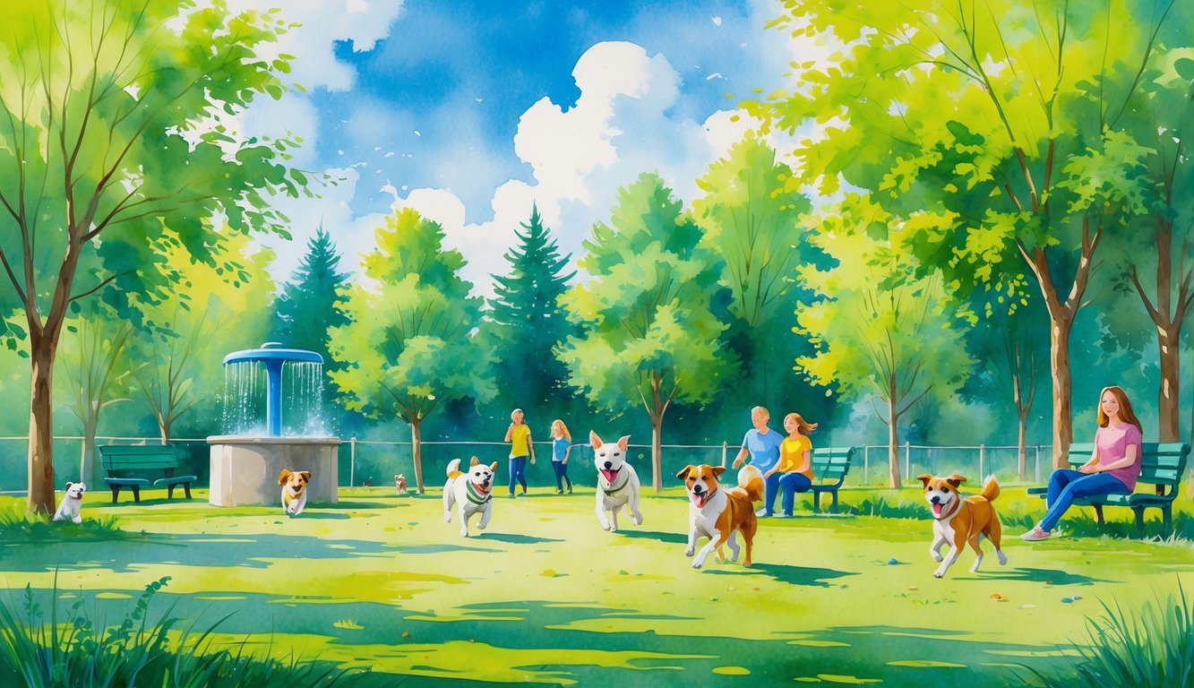 A sunny dog park with dogs playing on green grass, people watching nearby, and trees surrounding the area.