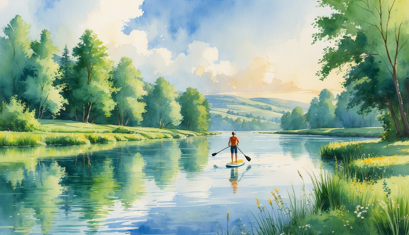 A peaceful river with a paddle boarder gliding on calm water surrounded by green trees and hills.