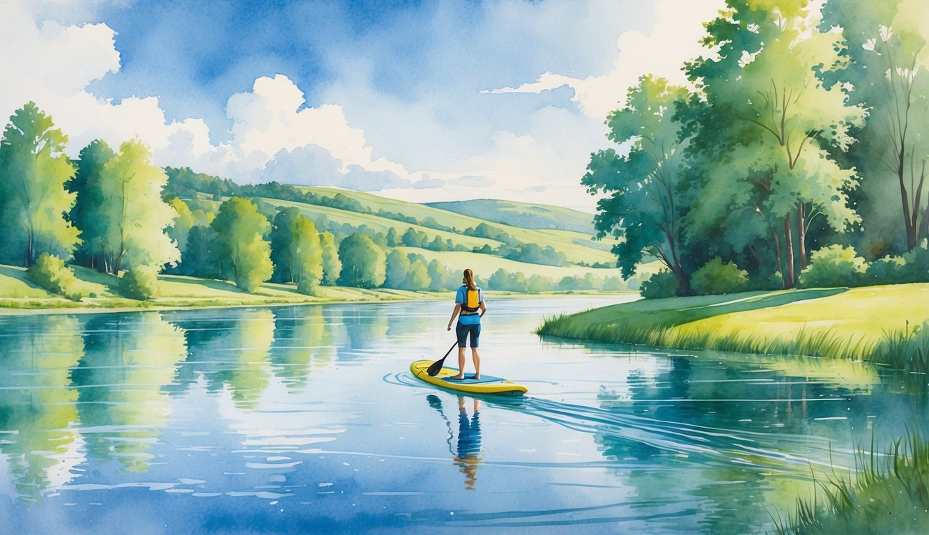 A person paddle boarding on a calm river surrounded by green trees and hills under a partly cloudy sky.