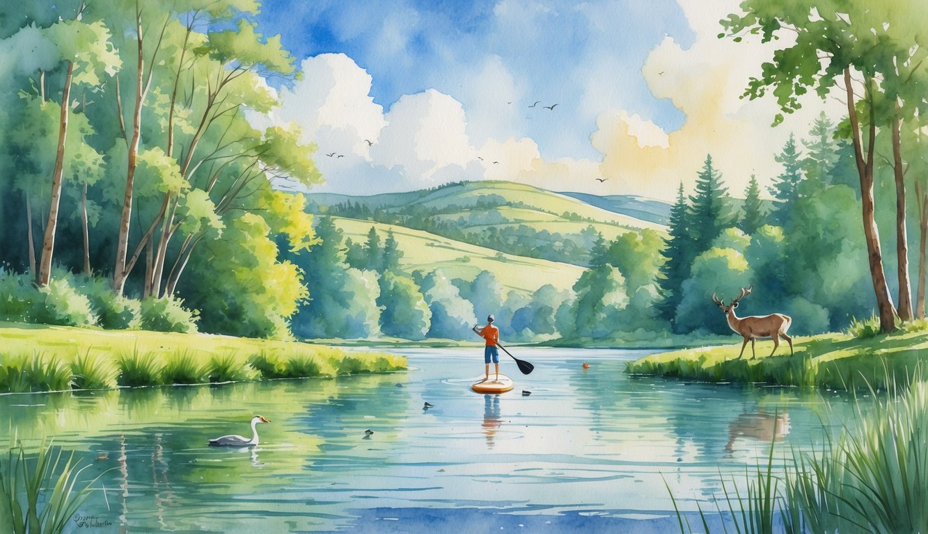 A peaceful river scene with a paddle boarder on calm water surrounded by trees, birds, and a deer near the shore under a partly cloudy sky.