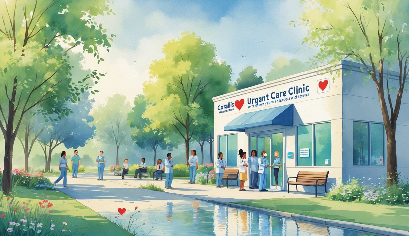 A welcoming urgent care clinic surrounded by trees and flowers, with diverse people and healthcare workers interacting peacefully outdoors.