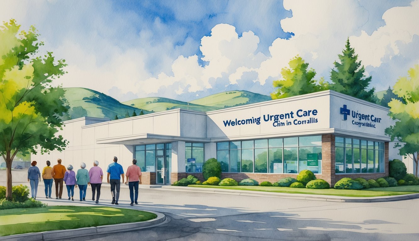 A welcoming urgent care clinic building surrounded by trees and people approaching the entrance in a small town setting.