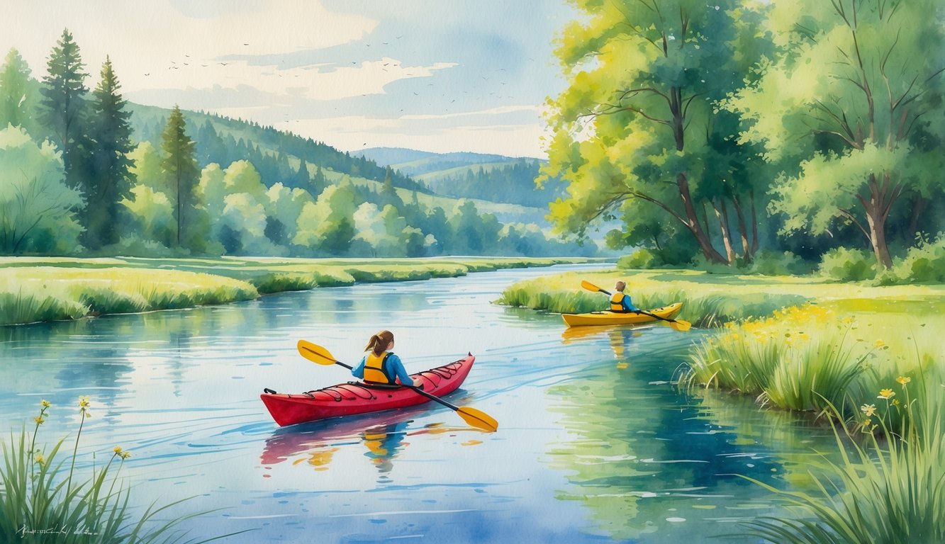 Two kayakers paddling on a calm river surrounded by green trees and hills near Corvallis.