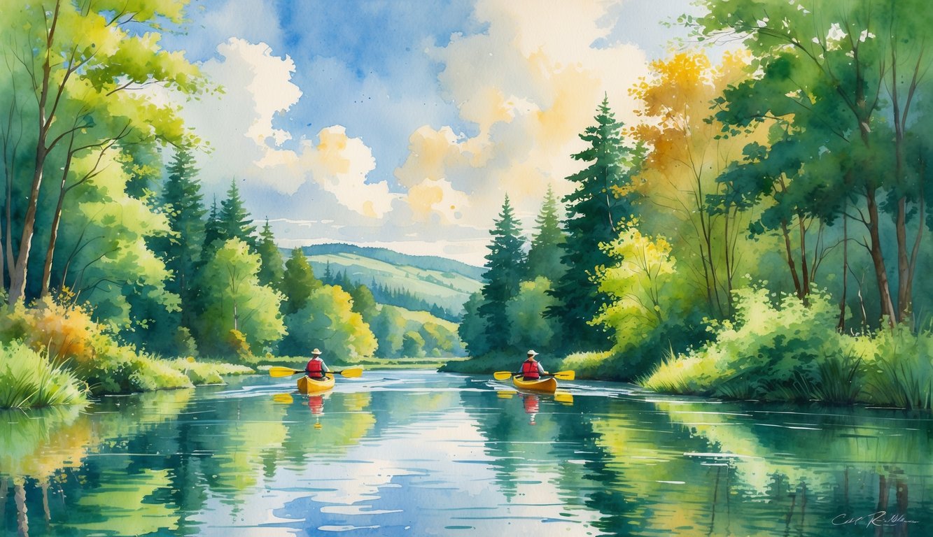 Two kayakers paddling on a calm river surrounded by green forests and hills under a partly cloudy sky.