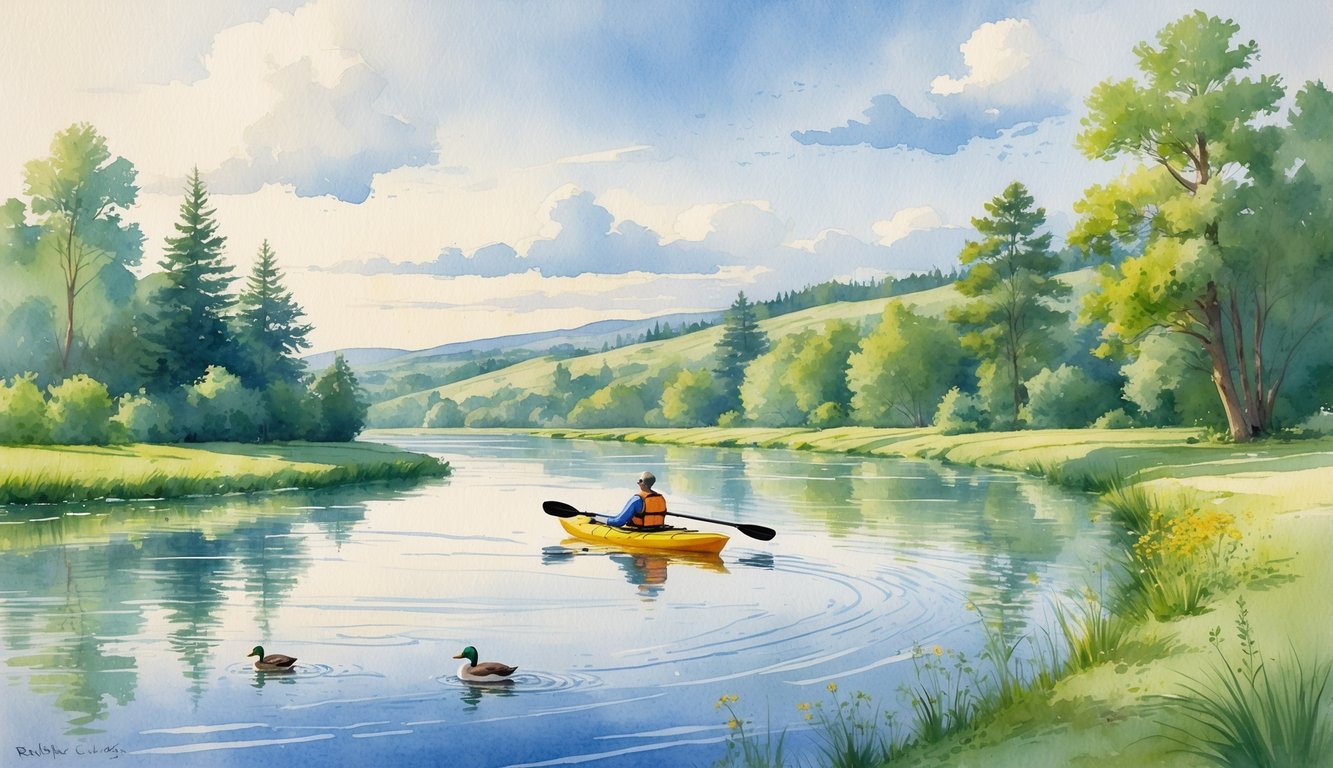 A peaceful river scene with a kayaker paddling on calm water surrounded by trees, hills, and wildlife including ducks and a heron.