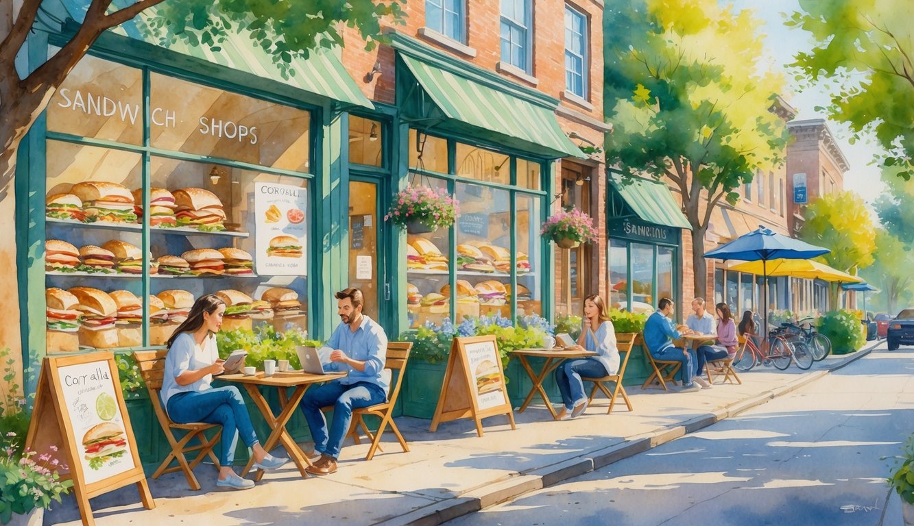 A street with several sandwich shops, outdoor seating, people eating and chatting, trees lining the sidewalk, and bicycles parked nearby.