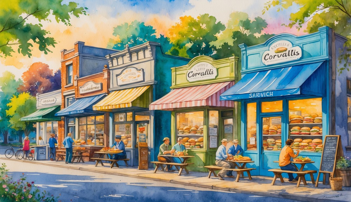 A lively street scene with several sandwich shops, people eating outside, and trees lining the street under a glowing sky.