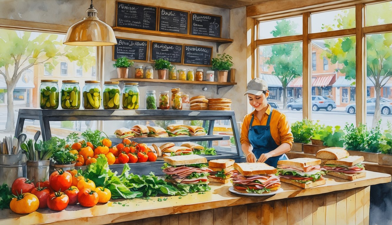 A cozy sandwich shop interior with fresh vegetables, artisanal breads, and a sandwich maker preparing a gourmet sandwich, with a view of a tree-lined street outside.