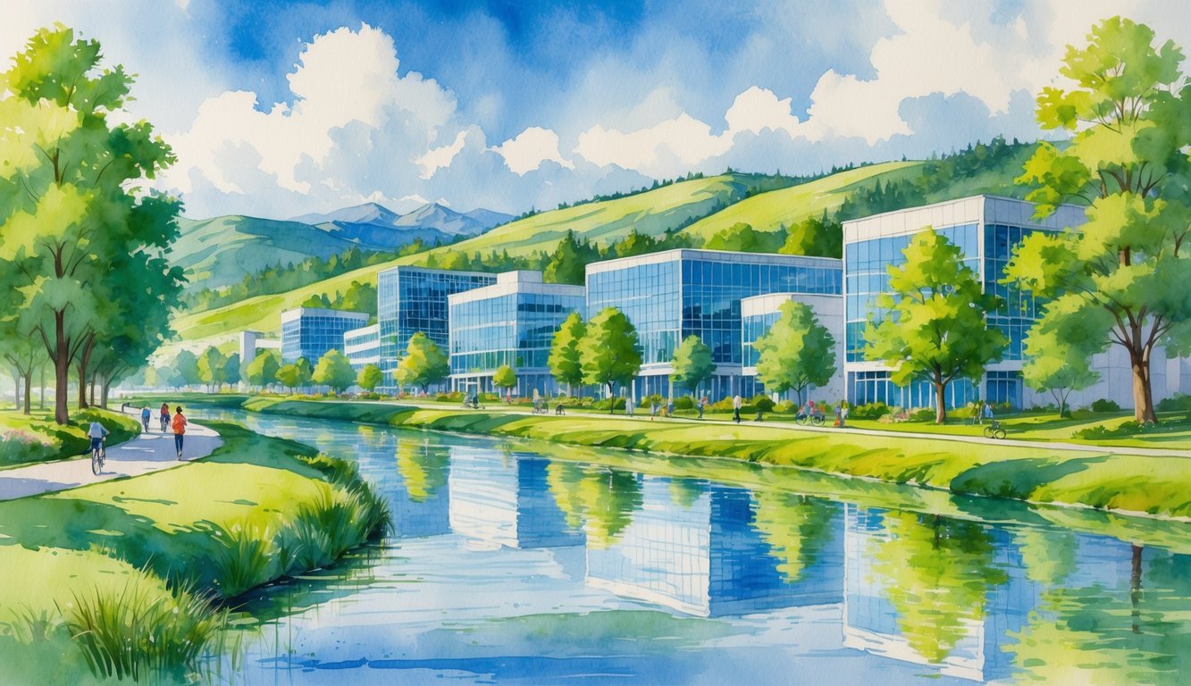 A view of modern office buildings surrounded by trees and hills near a river with people walking and biking along paths, with mountains in the background.