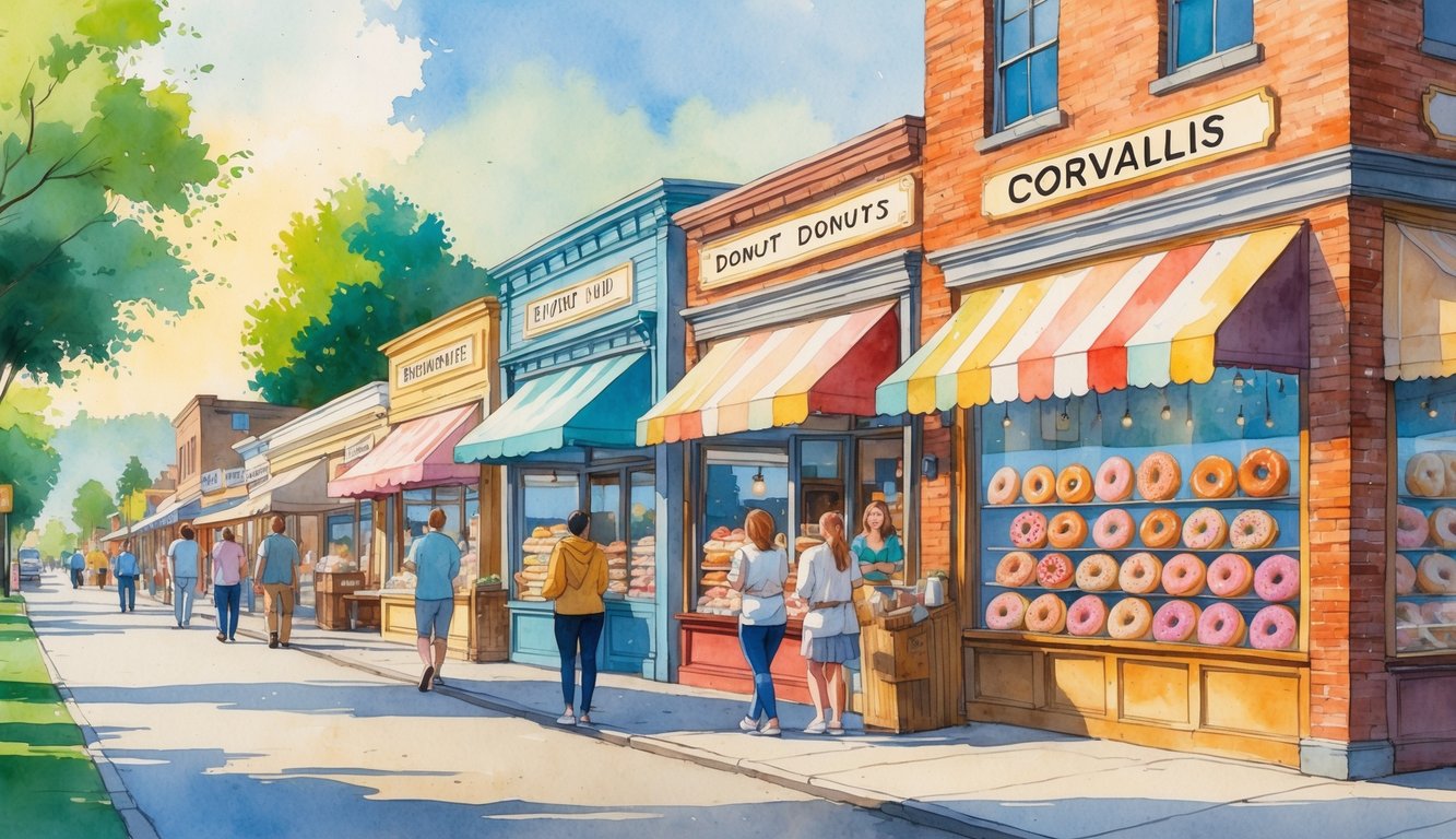 A street in Corvallis with several donut shops, people walking on the sidewalk, and trees in the background.