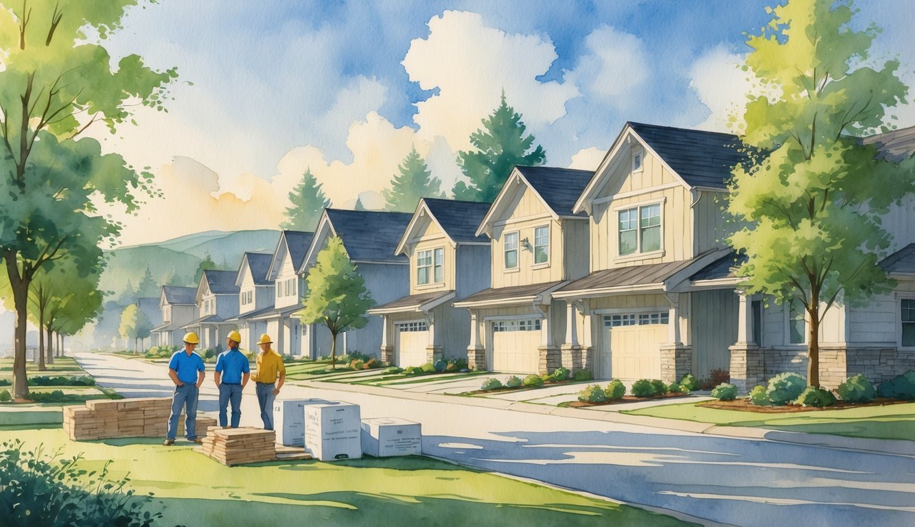 A neighborhood in Corvallis with new houses surrounded by trees and hills, and home builders working near construction materials.