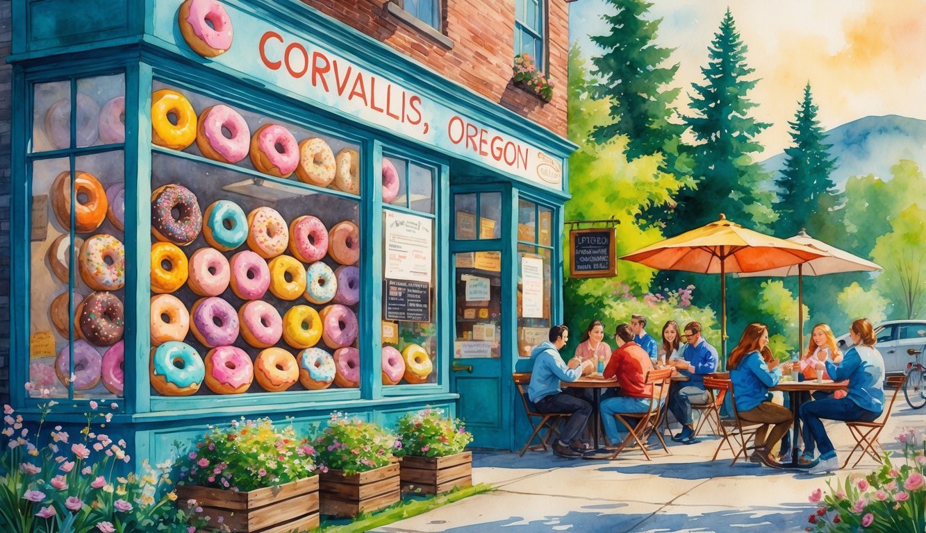A donut shop with customers enjoying donuts at outdoor tables surrounded by trees and hills in a small town setting.