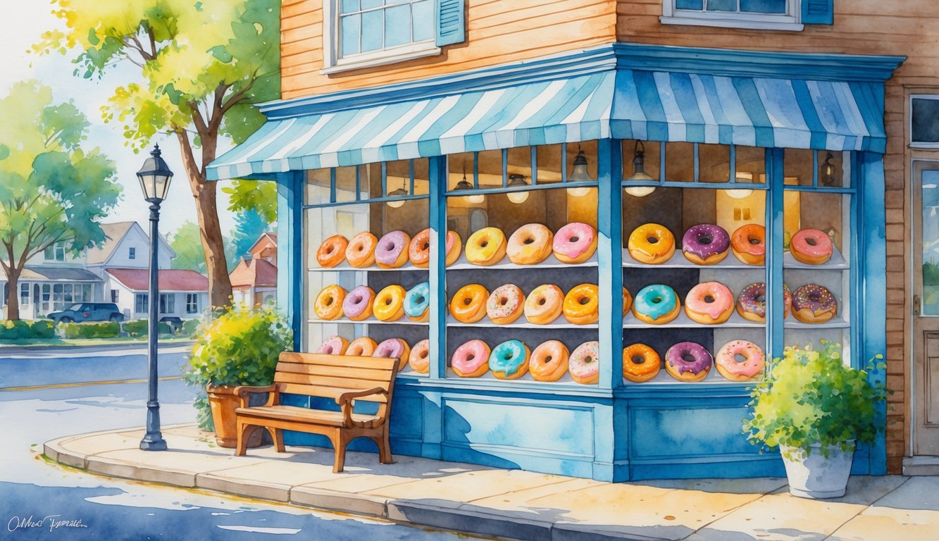 A cozy donut shop with colorful donuts displayed in the window on a quiet small-town street with trees and sunlight.