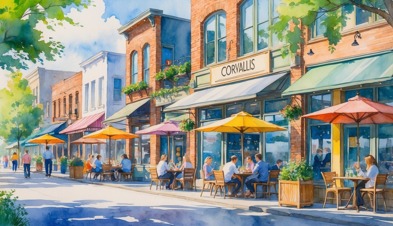 A street scene in Corvallis showing local restaurants with outdoor seating, people dining, and greenery along the sidewalk.