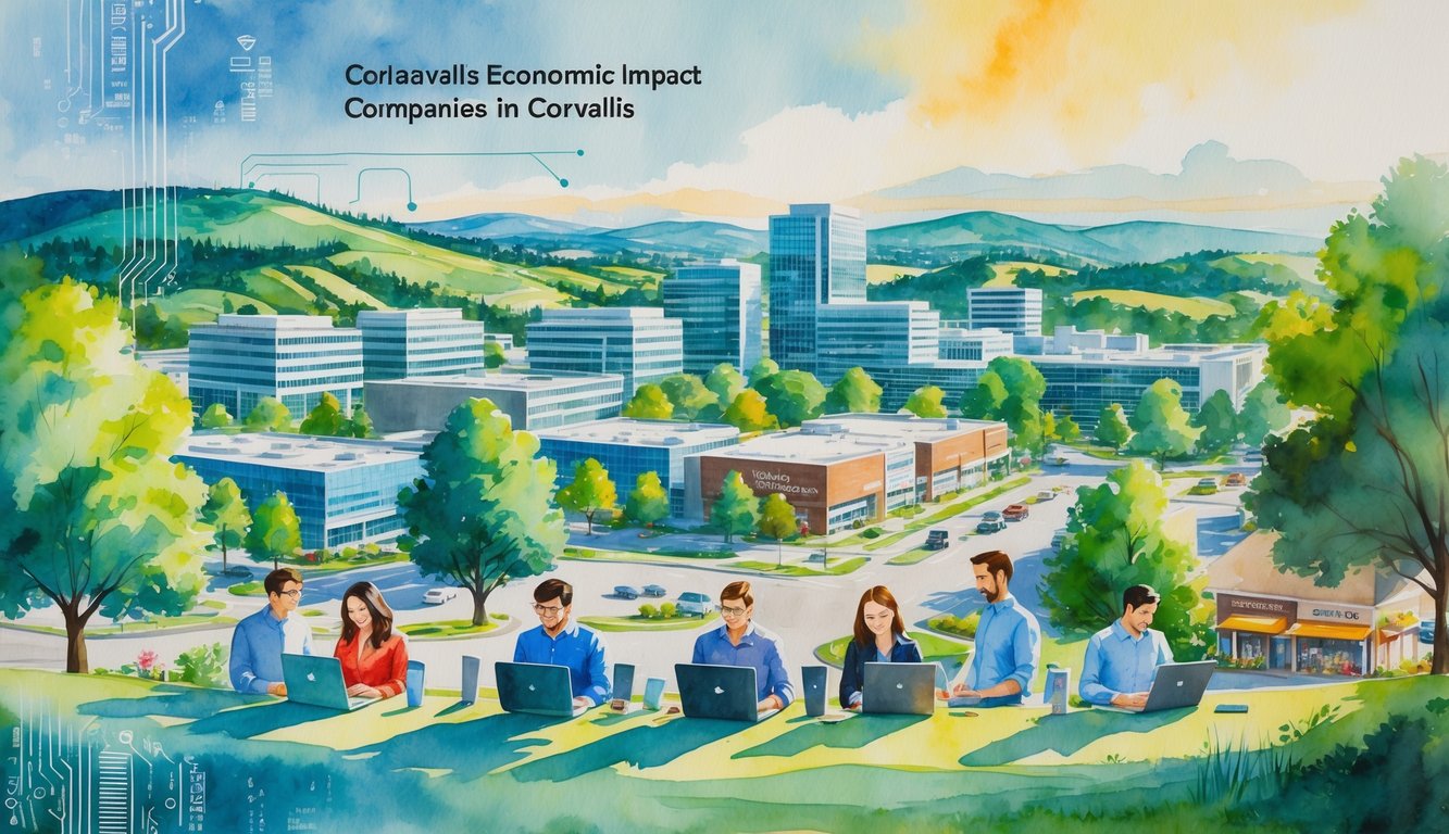 A cityscape with modern office buildings surrounded by trees and hills, people working together with laptops, and small businesses nearby.