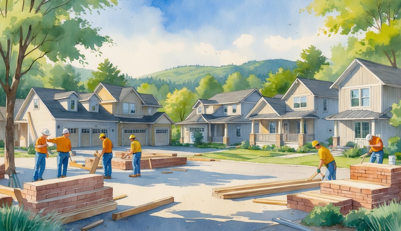 A neighborhood with houses under construction surrounded by trees and hills, with builders working together using tools and blueprints.