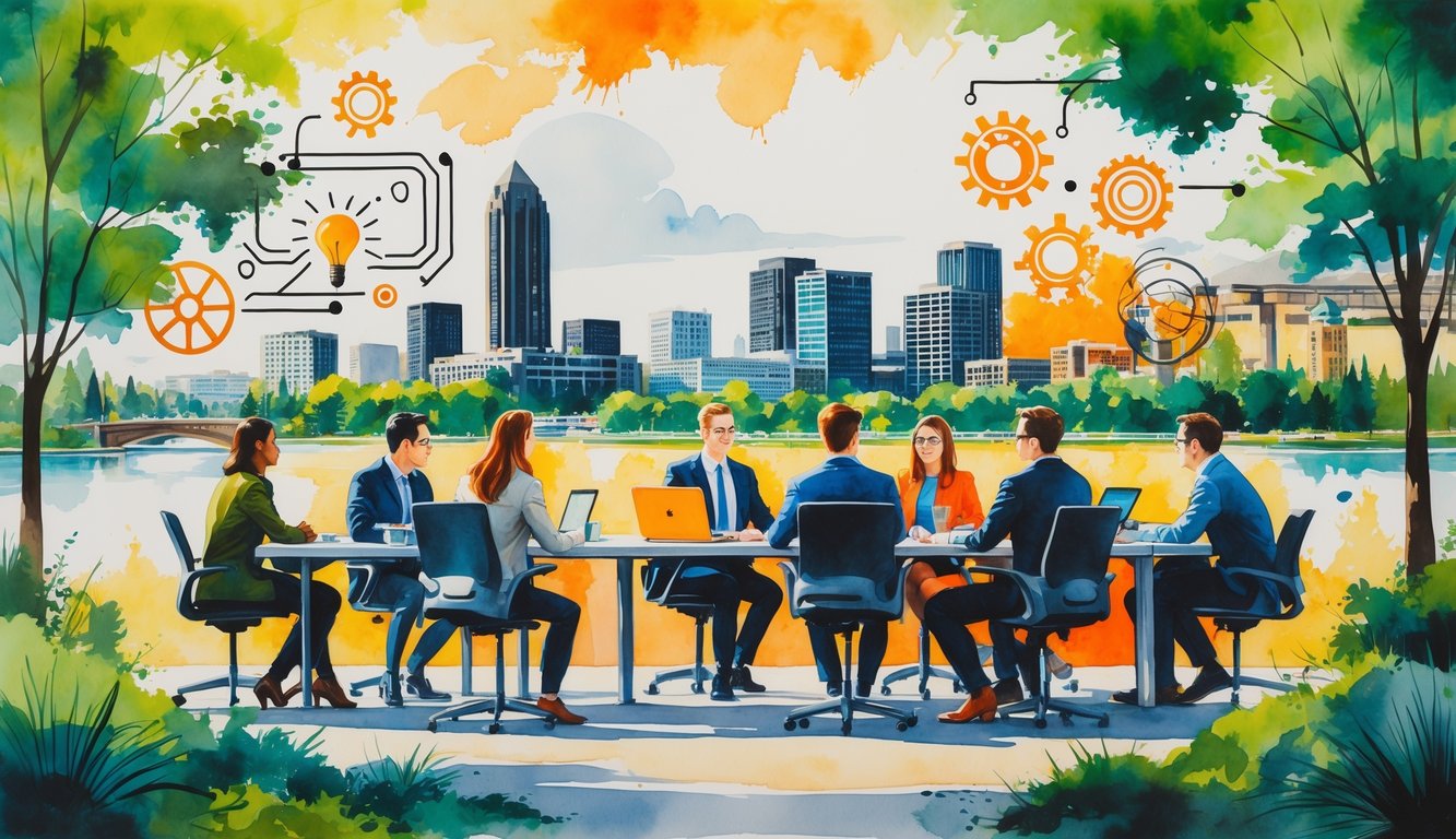 A group of people collaborating around a table with laptops, set against a city skyline and campus buildings surrounded by trees and a river.