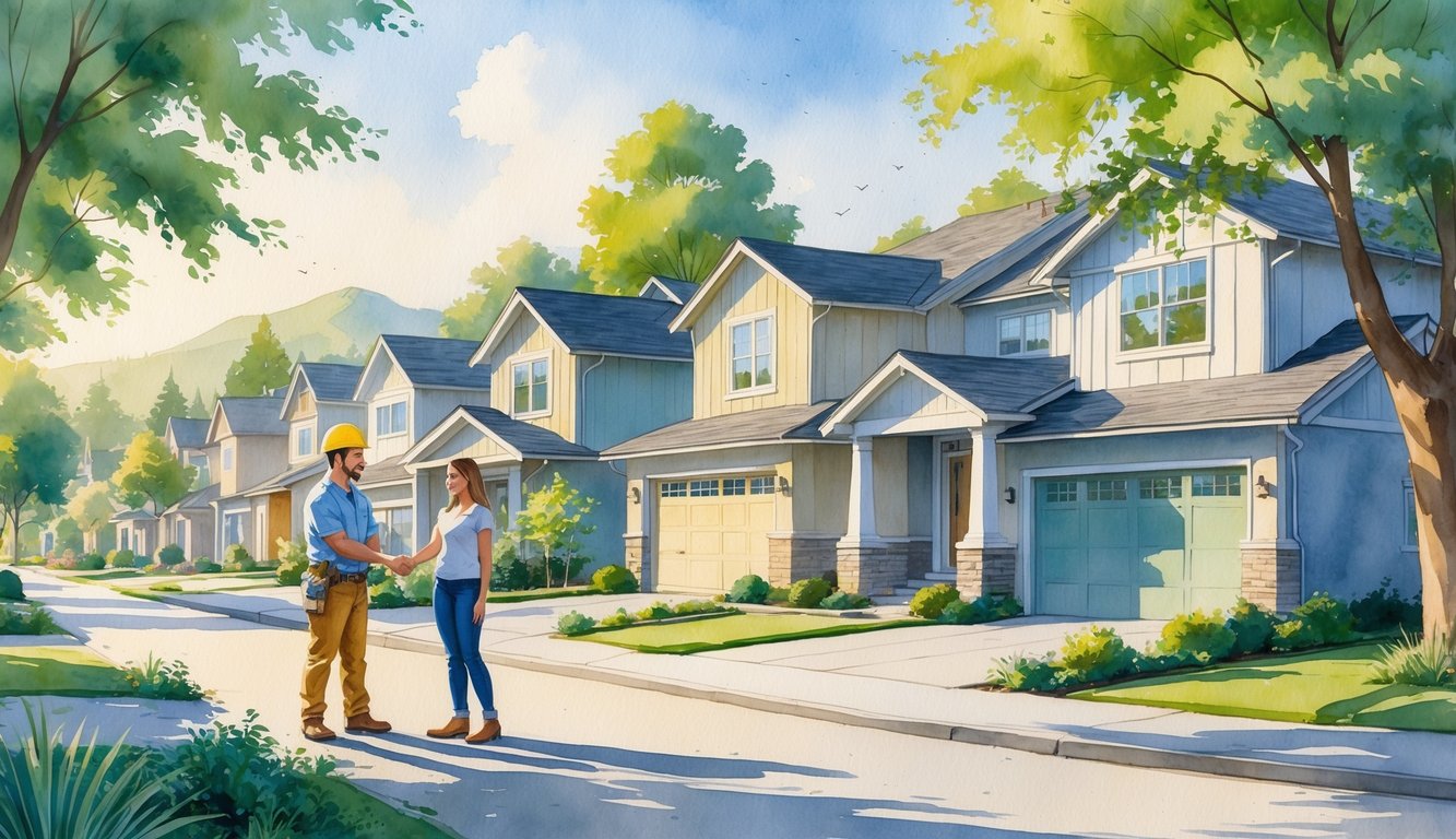 A friendly home builder shaking hands with a couple in front of newly built houses surrounded by trees and mountains in the background.