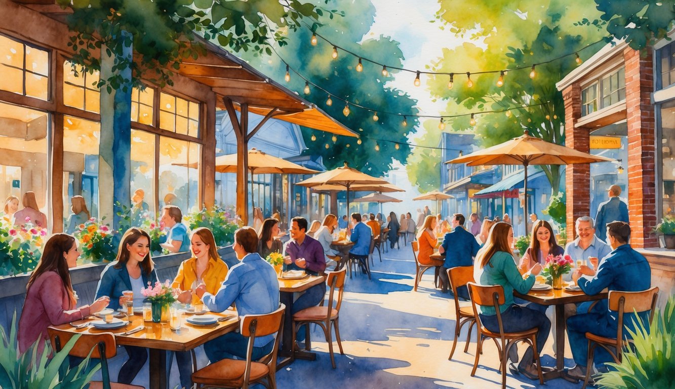 A lively dining scene showing people enjoying meals at tables surrounded by greenery and charming restaurant buildings in a small town setting.