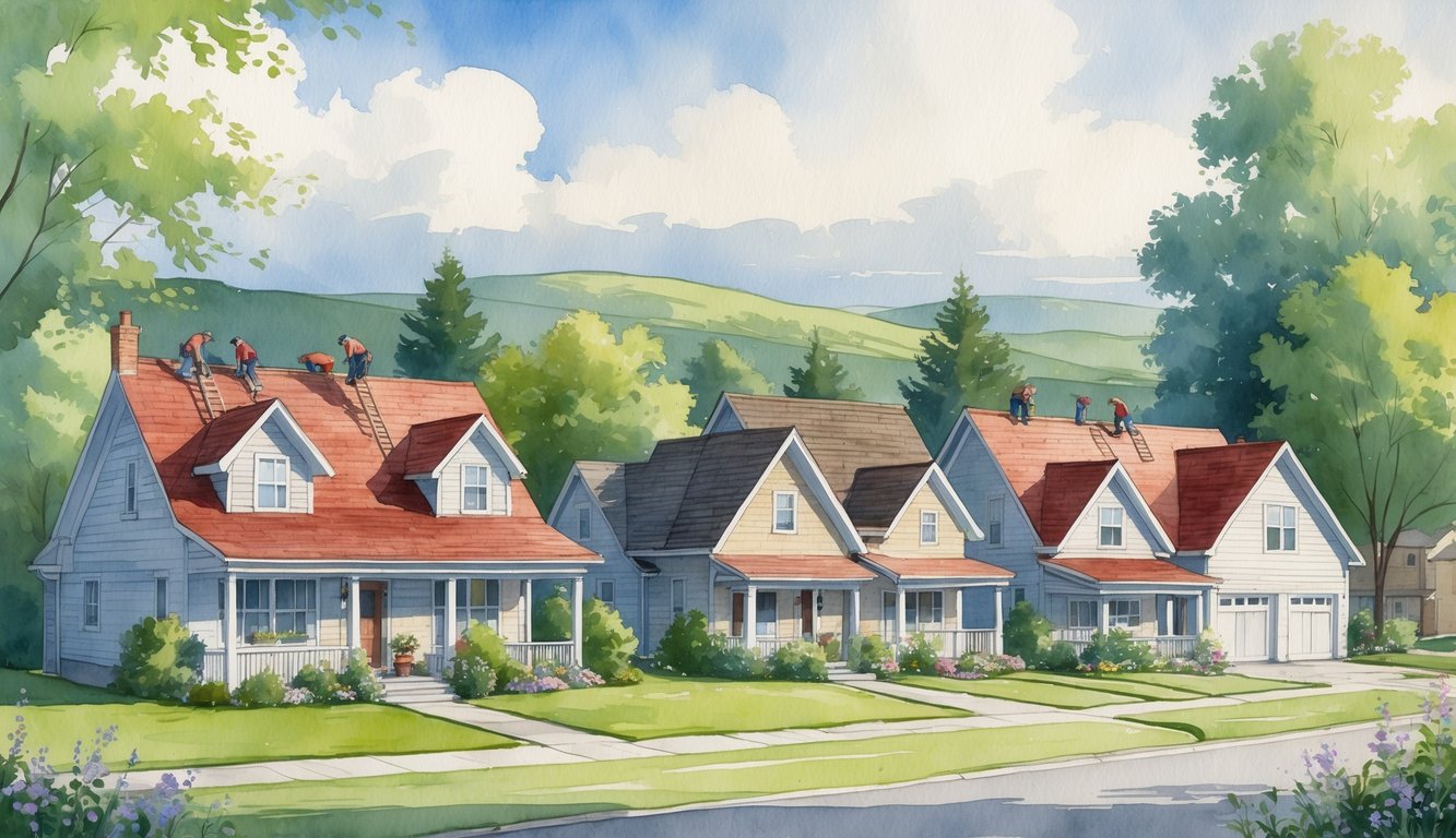 A small town neighborhood with houses having new roofs, workers on some rooftops, trees, flowers, and hills in the background.