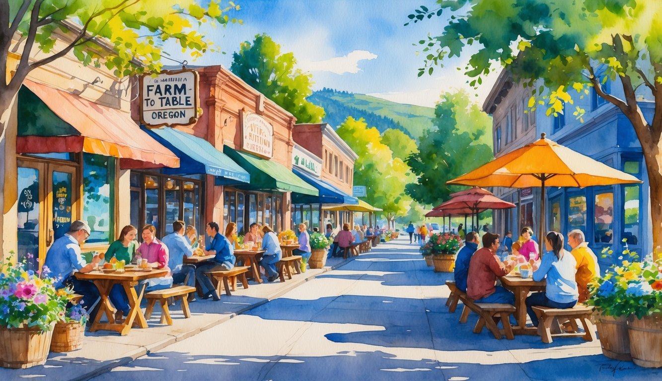 A lively street in Corvallis with people dining outside local restaurants surrounded by trees and hills.